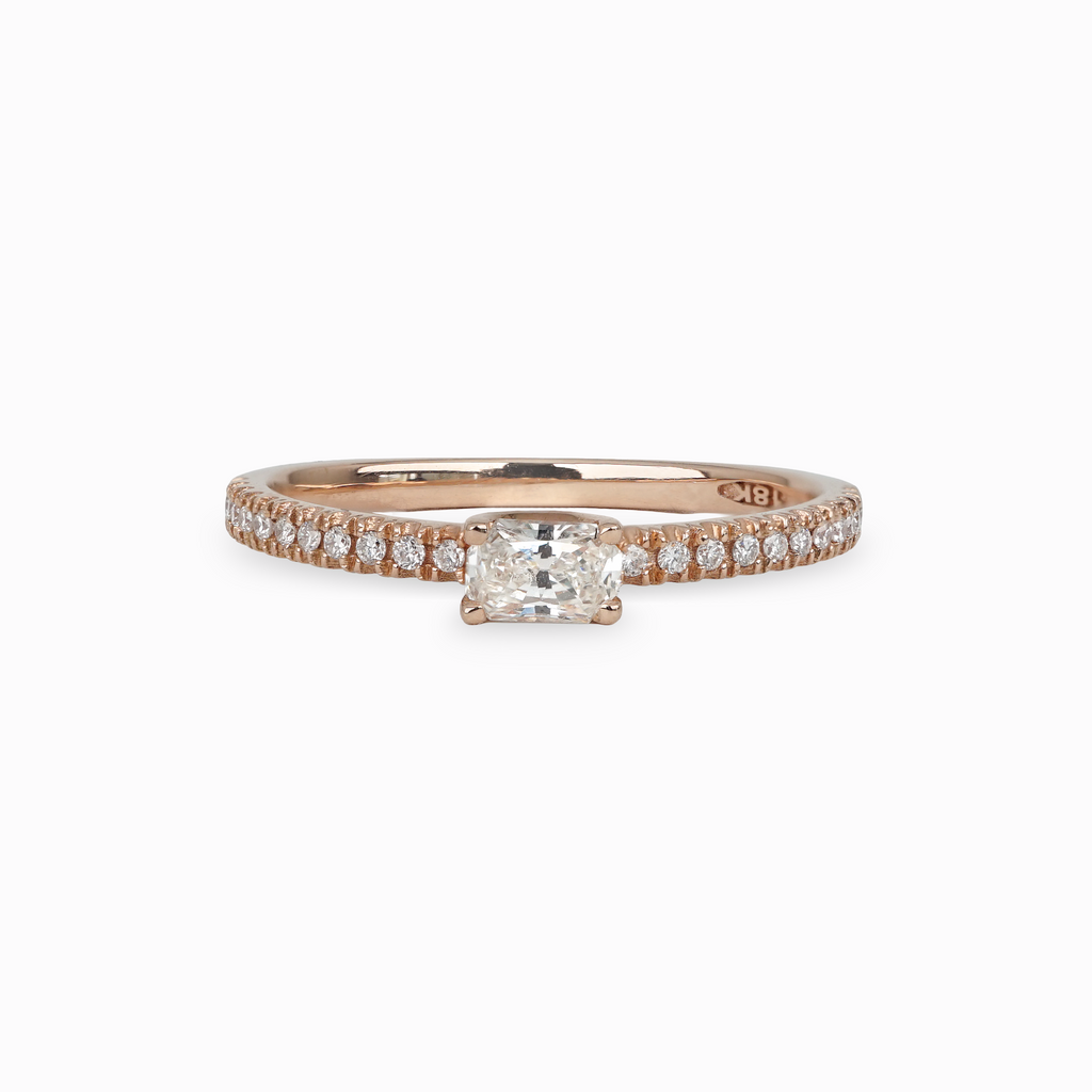 Rose Gold Rectangular Diamond Ring with Pavé Band