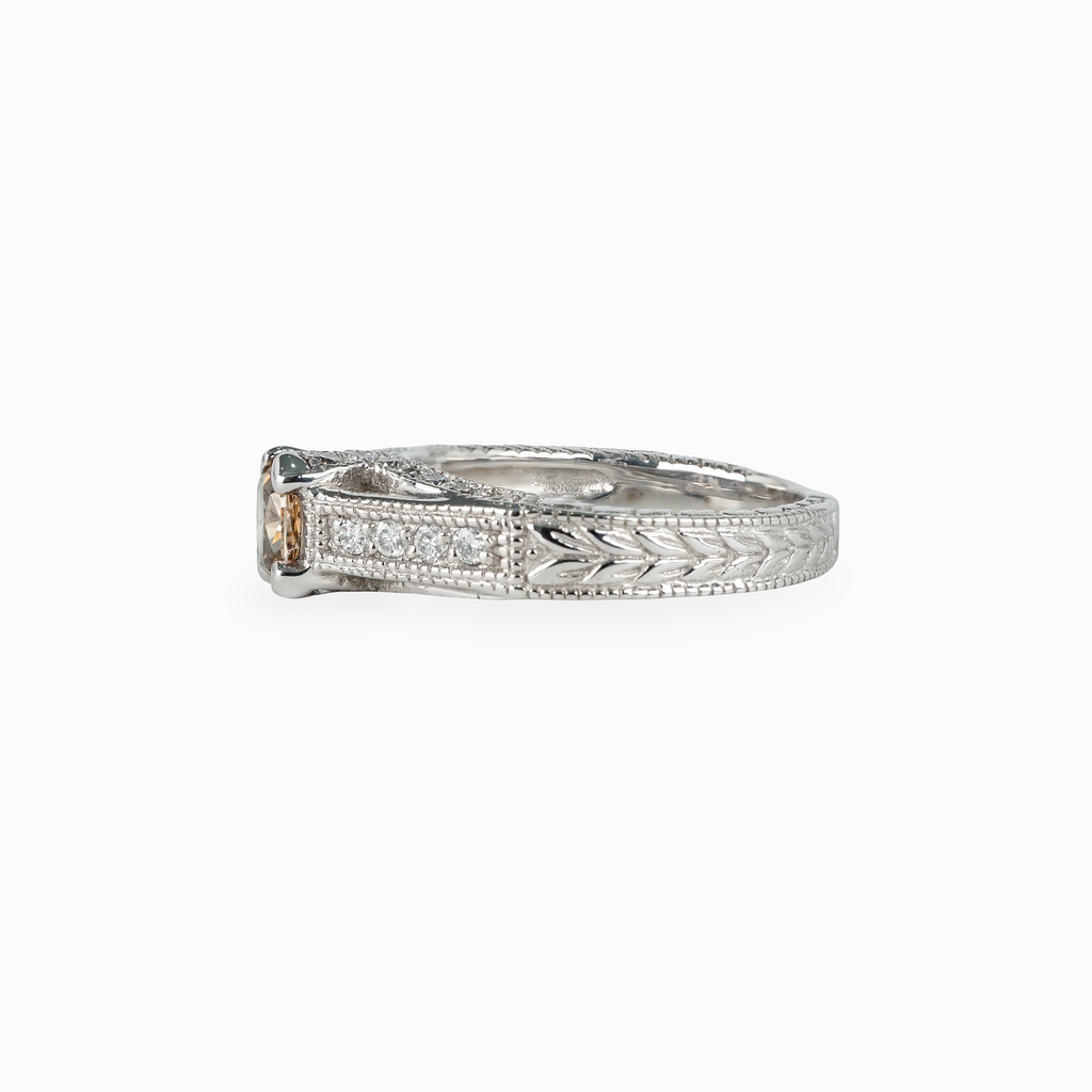 Oval Cognac Diamond Engagement Ring with Milgrain Pavé Band