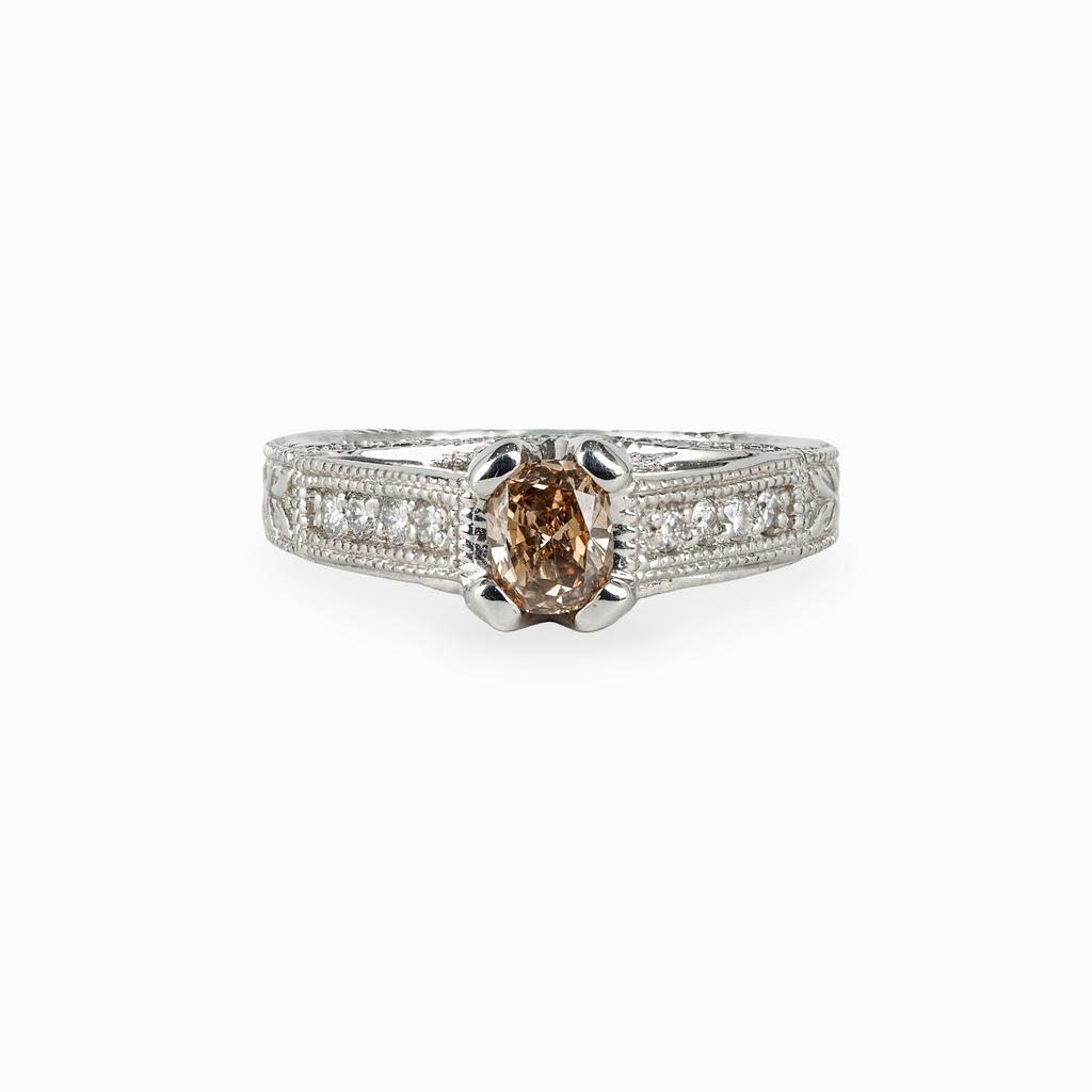 Oval Cognac Diamond Engagement Ring with Milgrain Pavé Band