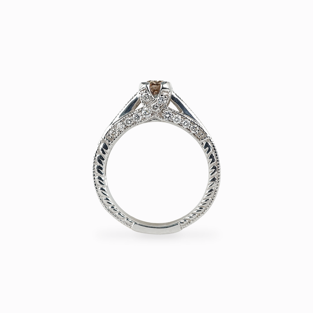Oval Cognac Diamond Engagement Ring with Milgrain Pavé Band