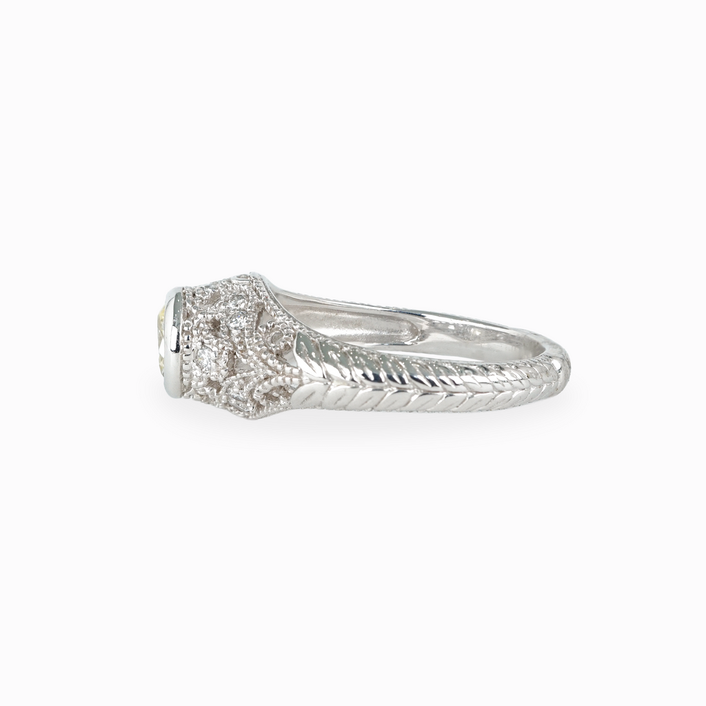 Oval Yellow Diamond Engagement Ring with Filigree Pavé Setting