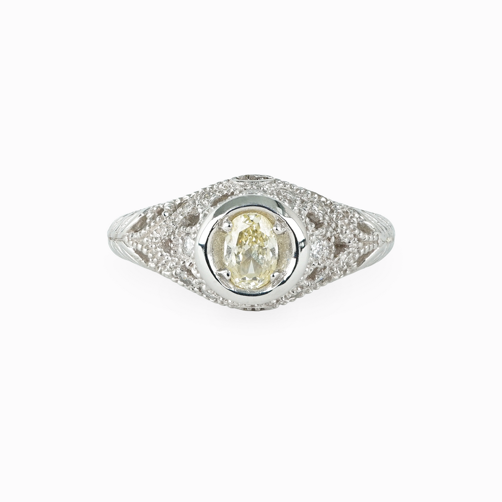 Oval Yellow Diamond Engagement Ring with Filigree Pavé Setting