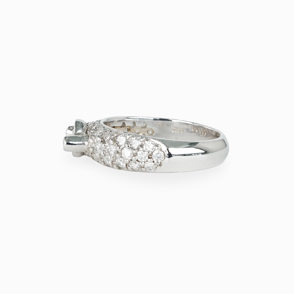 Bezel-Set Diamond Ring with Pavé Band in 14k White Gold