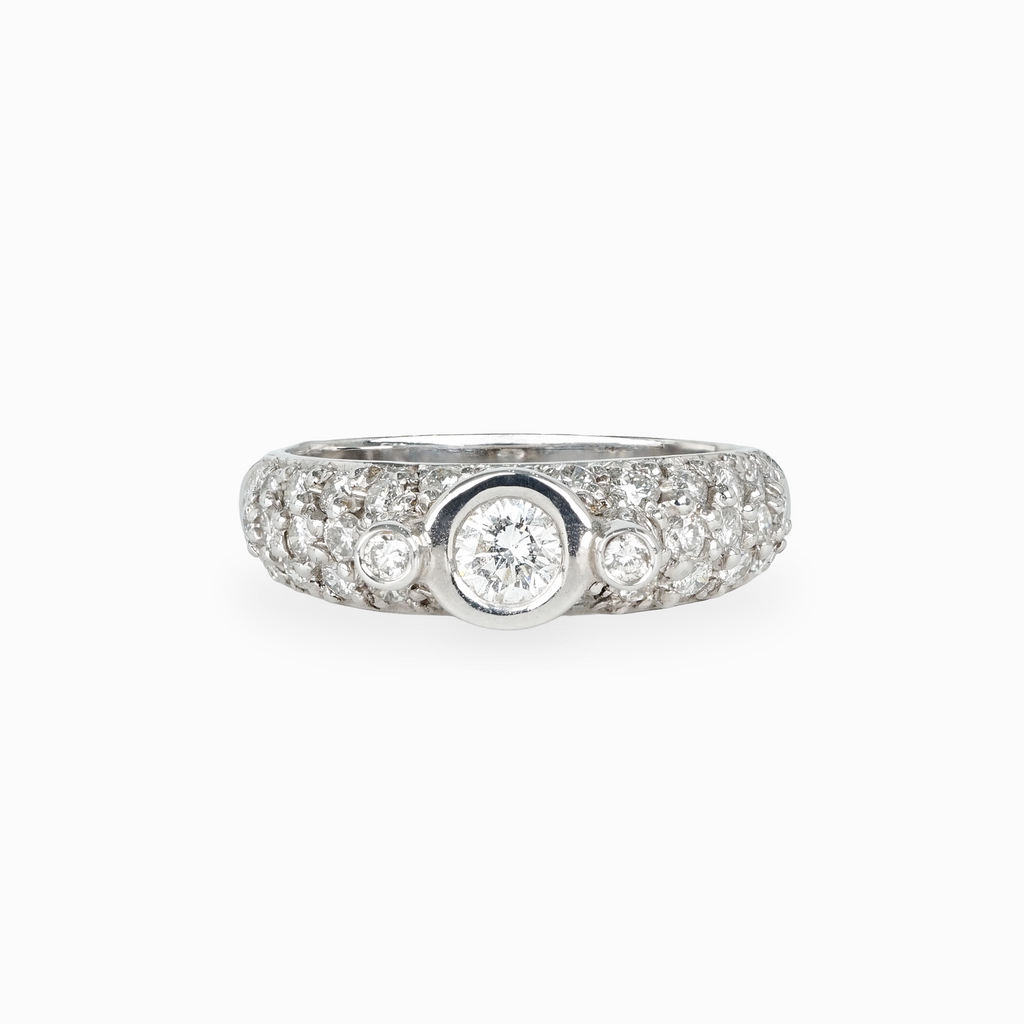 Bezel-Set Diamond Ring with Pavé Band in 14k White Gold