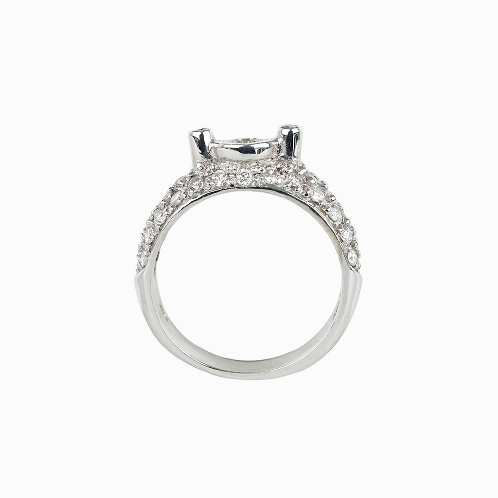 Bezel-Set Diamond Ring with Pavé Band in 14k White Gold