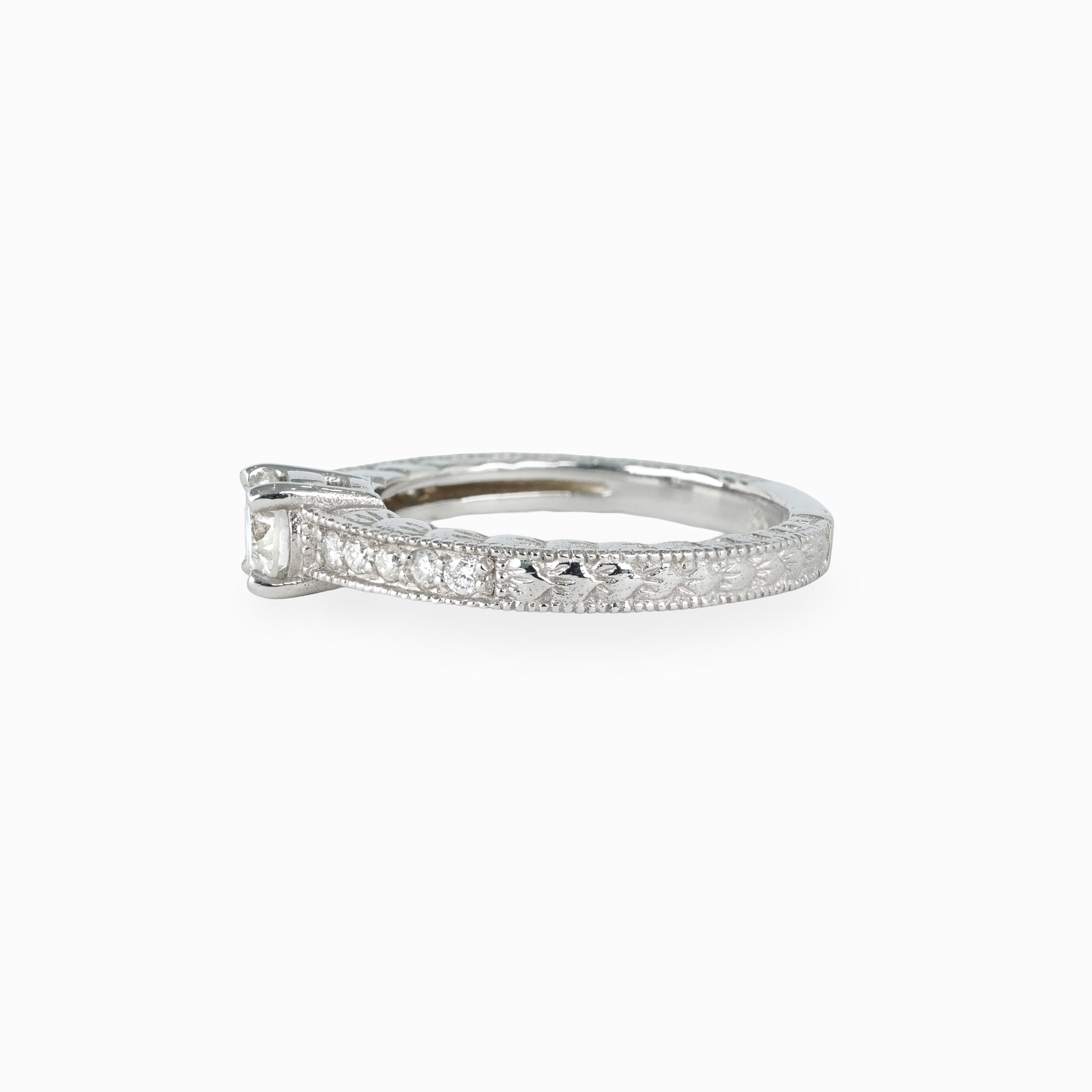 Round Diamond Solitaire Engagement Ring with Pavé Milgrain Band in 14k White Gold