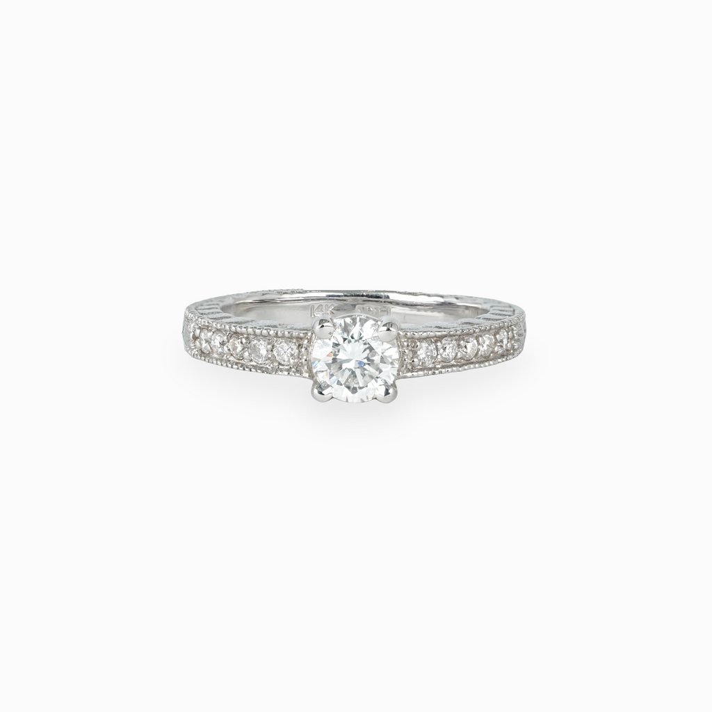 Round Diamond Solitaire Engagement Ring with Pavé Milgrain Band in 14k White Gold