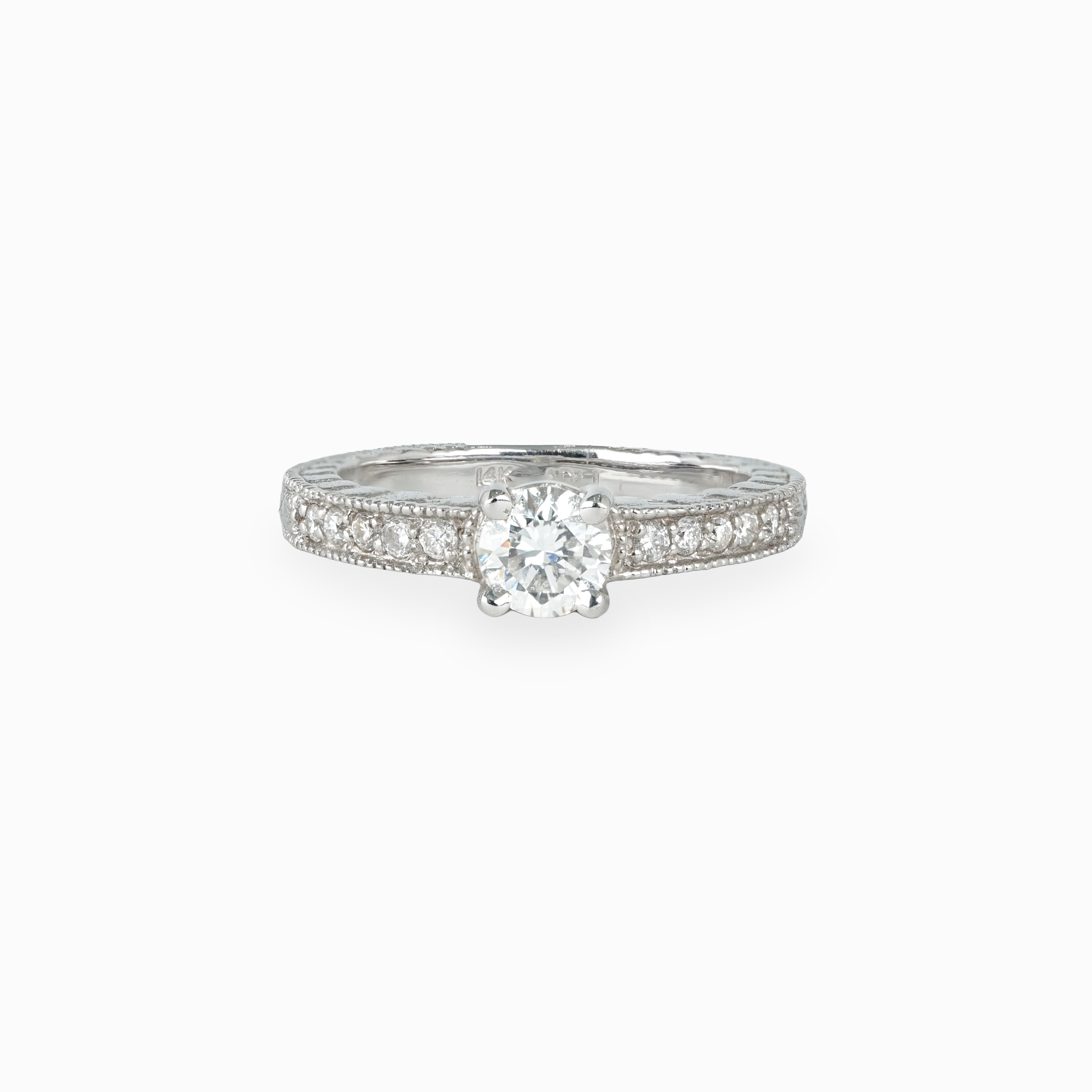 Round Diamond Solitaire Engagement Ring with Pavé Milgrain Band in 14k White Gold