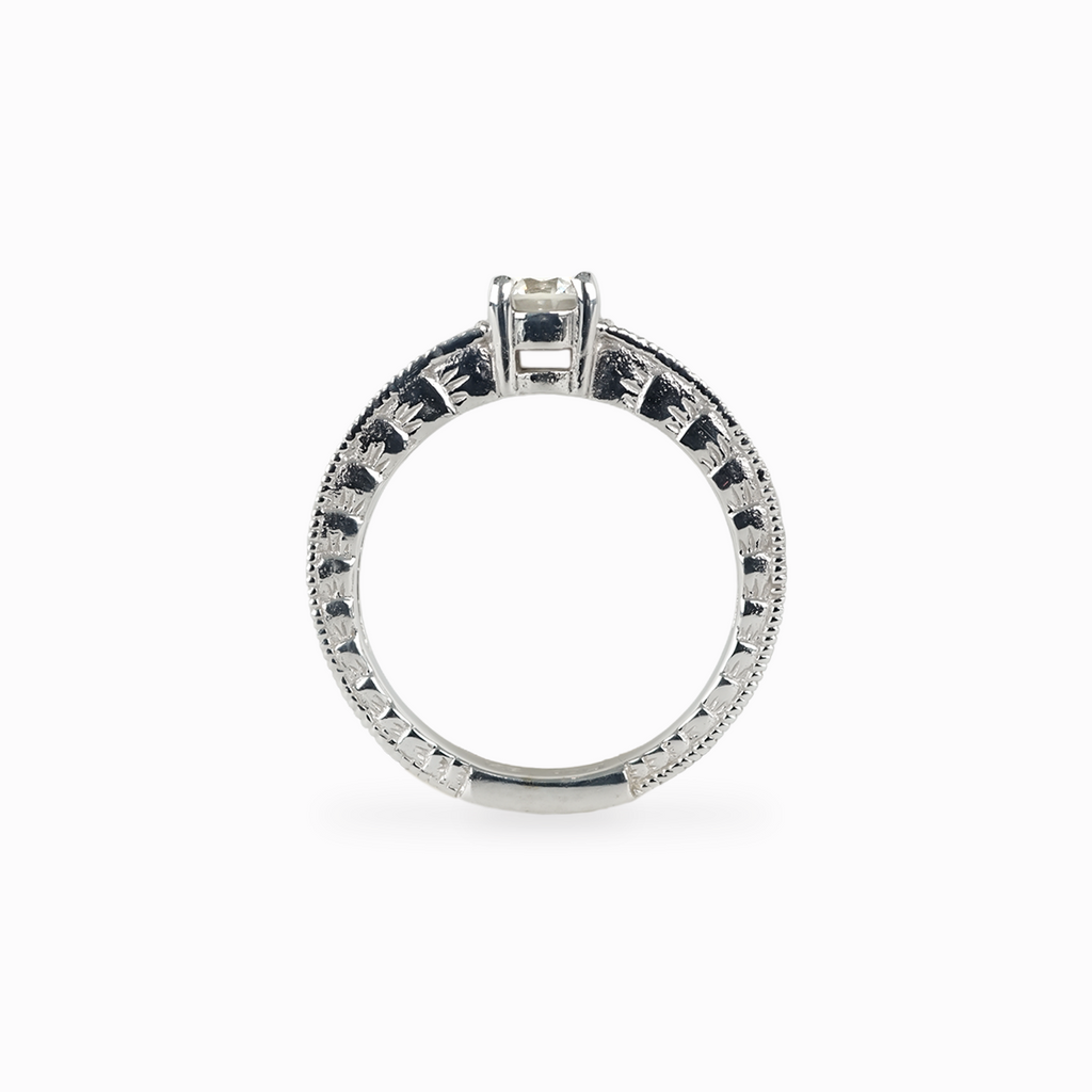 Round Diamond Solitaire Engagement Ring with Pavé Milgrain Band in 14k White Gold
