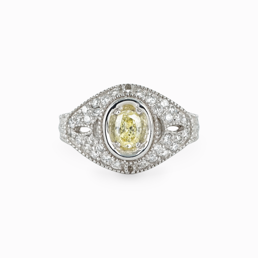 Oval Yellow Diamond Ring with Filigree Pavé Setting