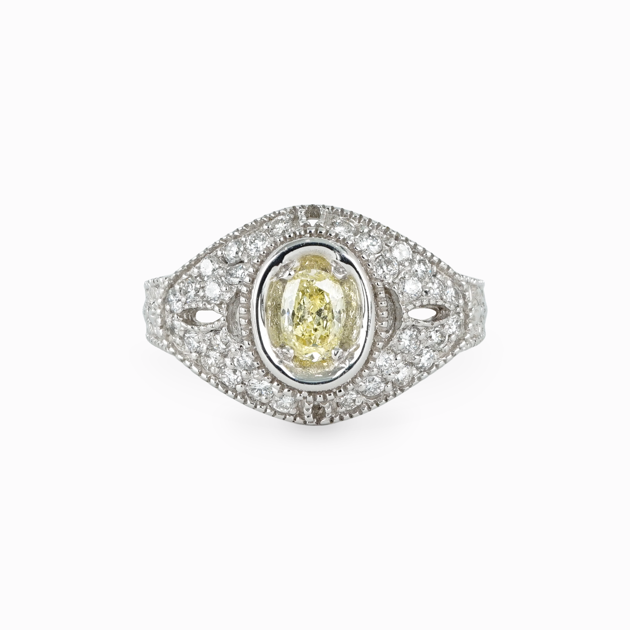 Oval Yellow Diamond Ring with Filigree Pavé Setting