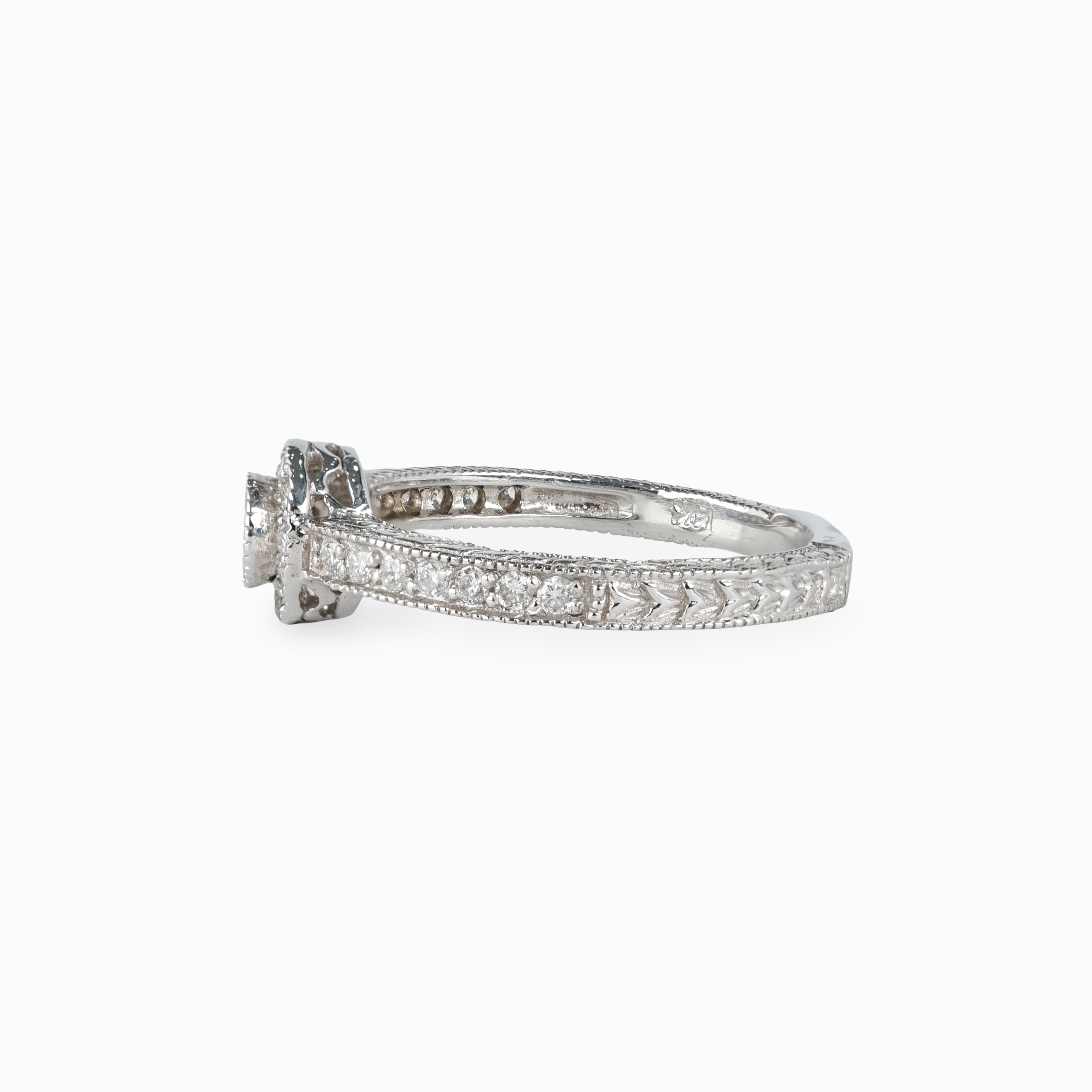Round Diamond Halo Ring with Pavé and Filigree Setting