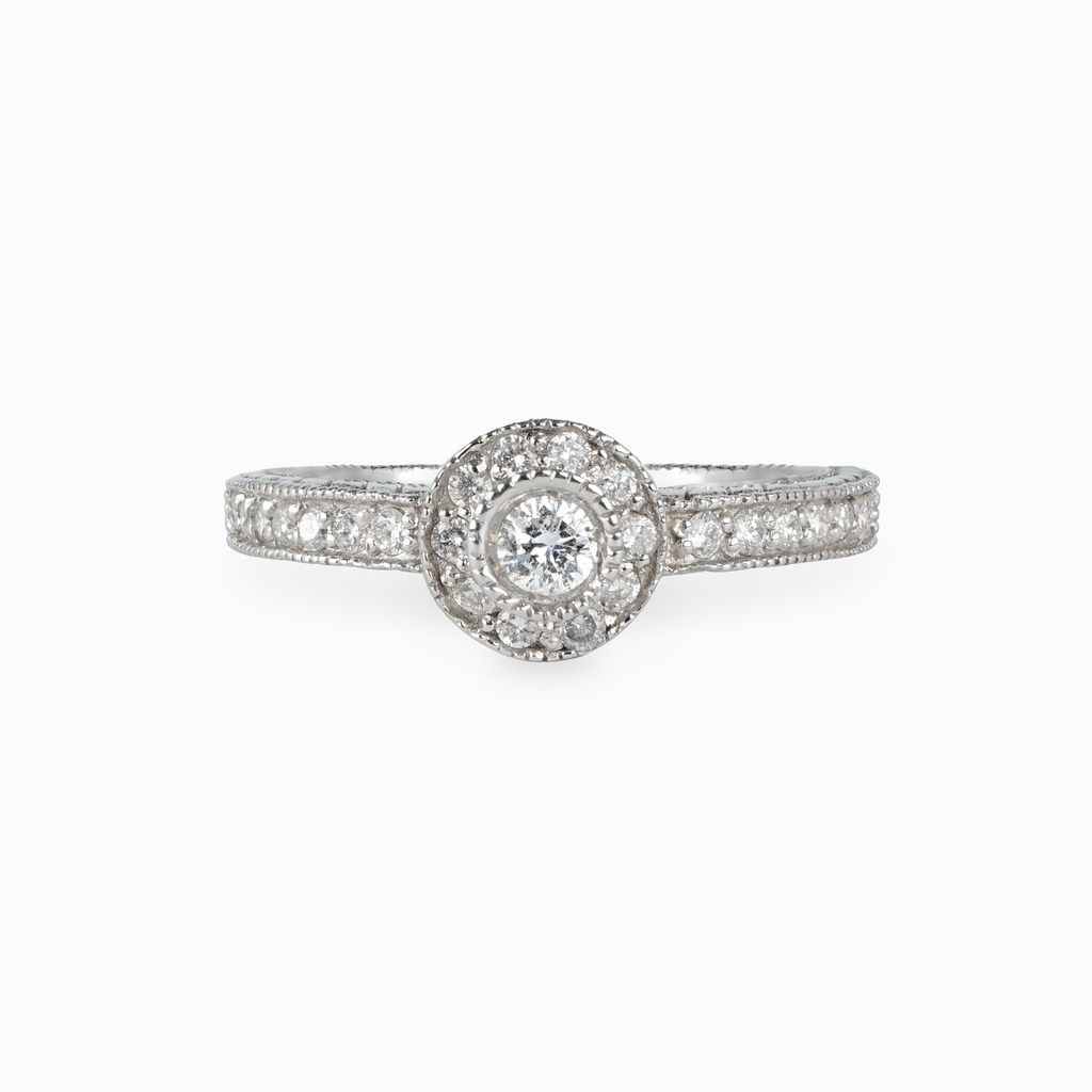 Round Diamond Halo Ring with Pavé and Filigree Setting
